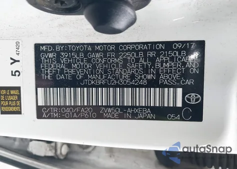 2017 Toyota Prius Two from USA, damaged, VIN JTDKBRFU2H3054248